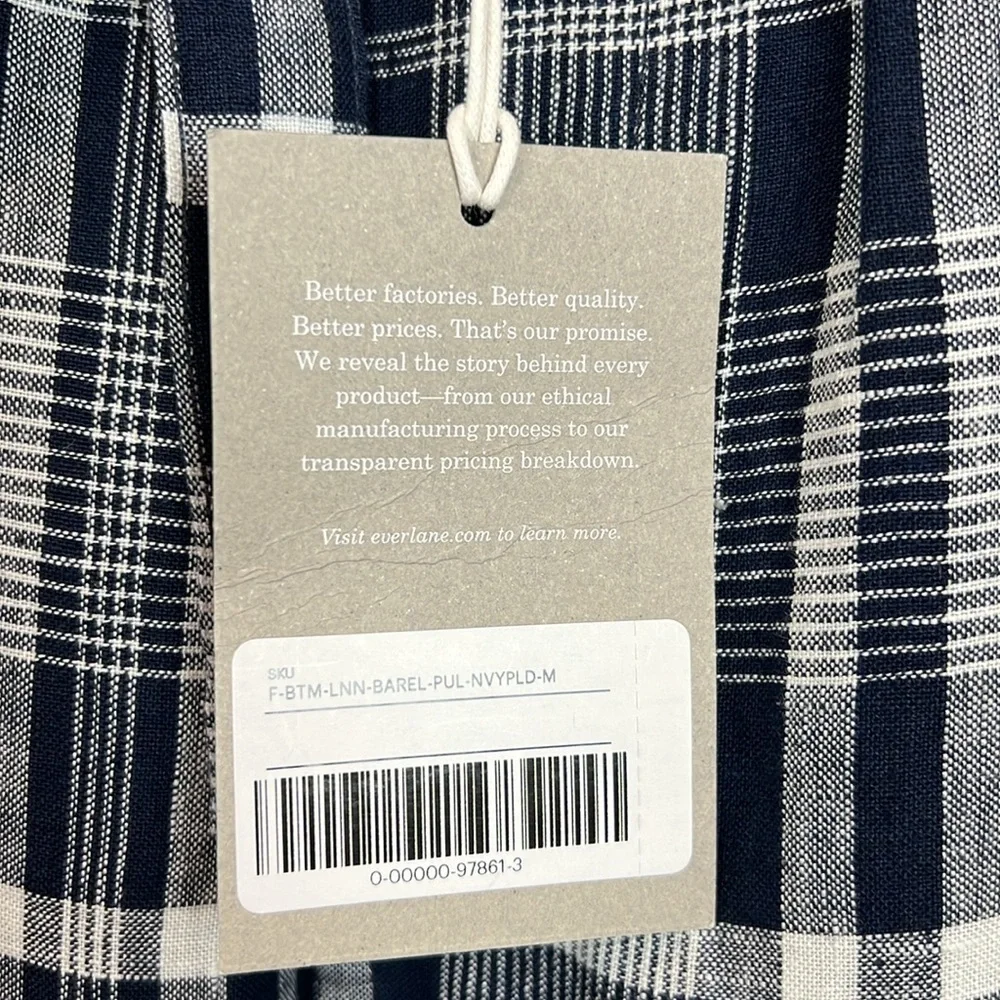 NWT Everlane The Linen Pull On Barrel Pants Navy Plaid Tie Front M High Waist